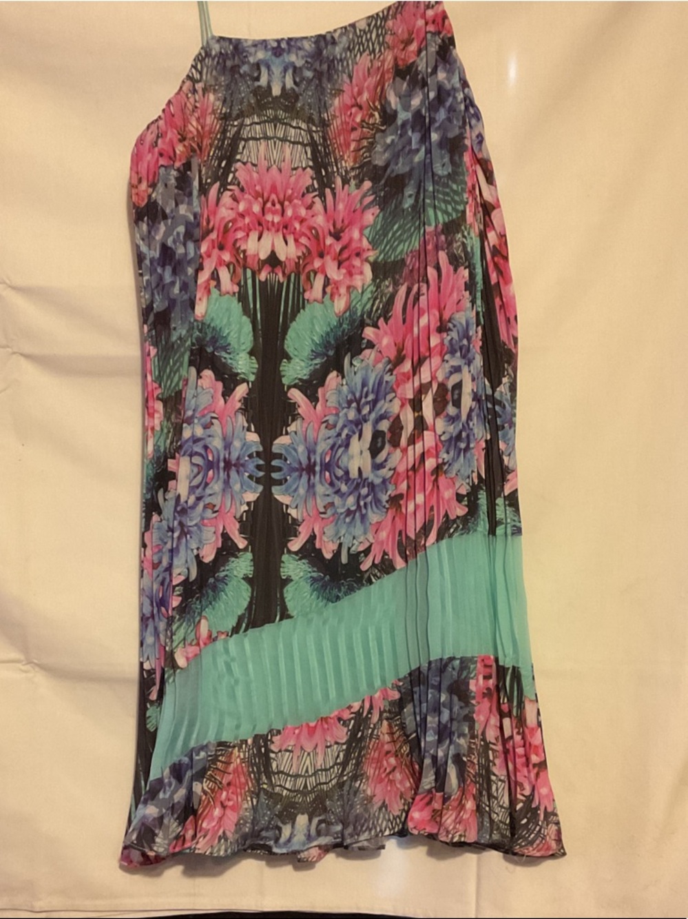 Three Floor Floral Pleated Mini Dress in Pink, Teal & Black